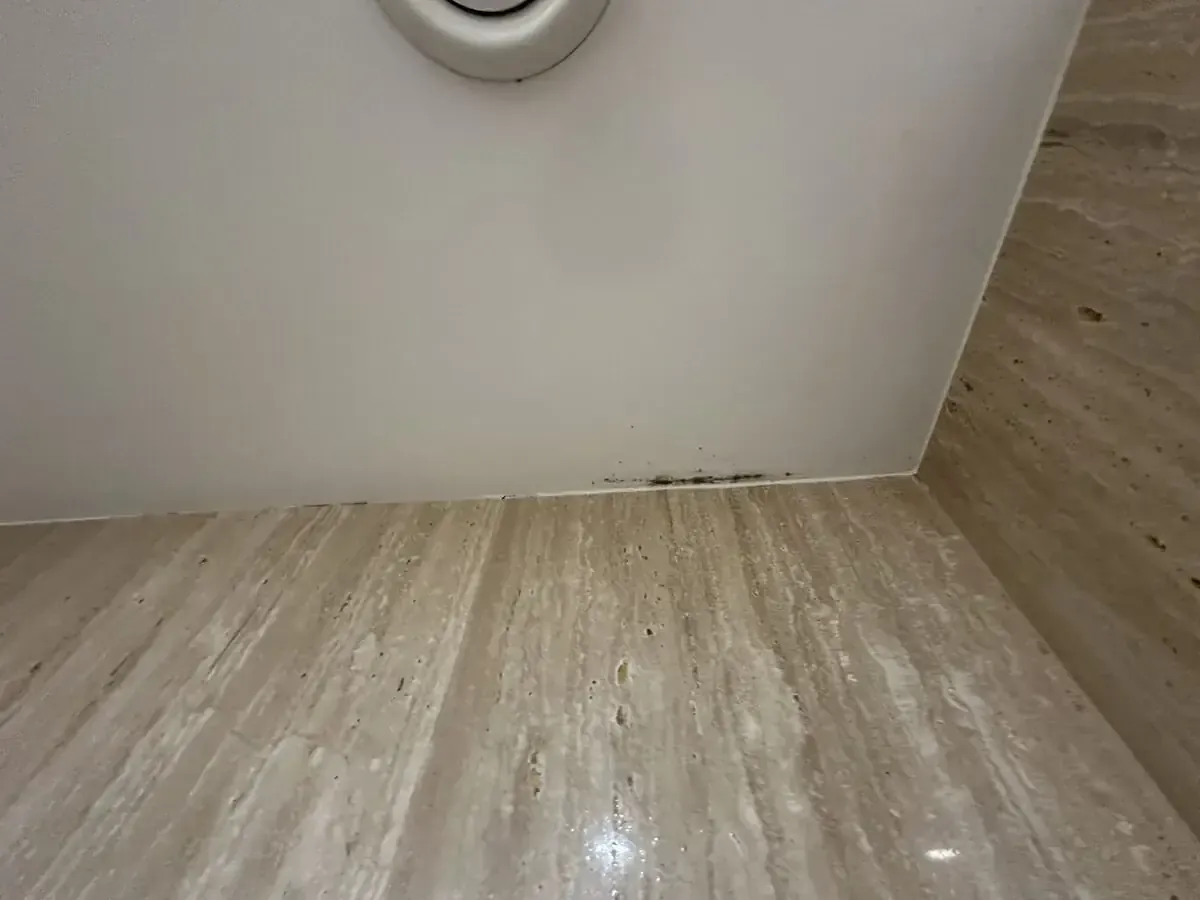 Mould forming along the ceiling and wall junction in a travertine bathroom