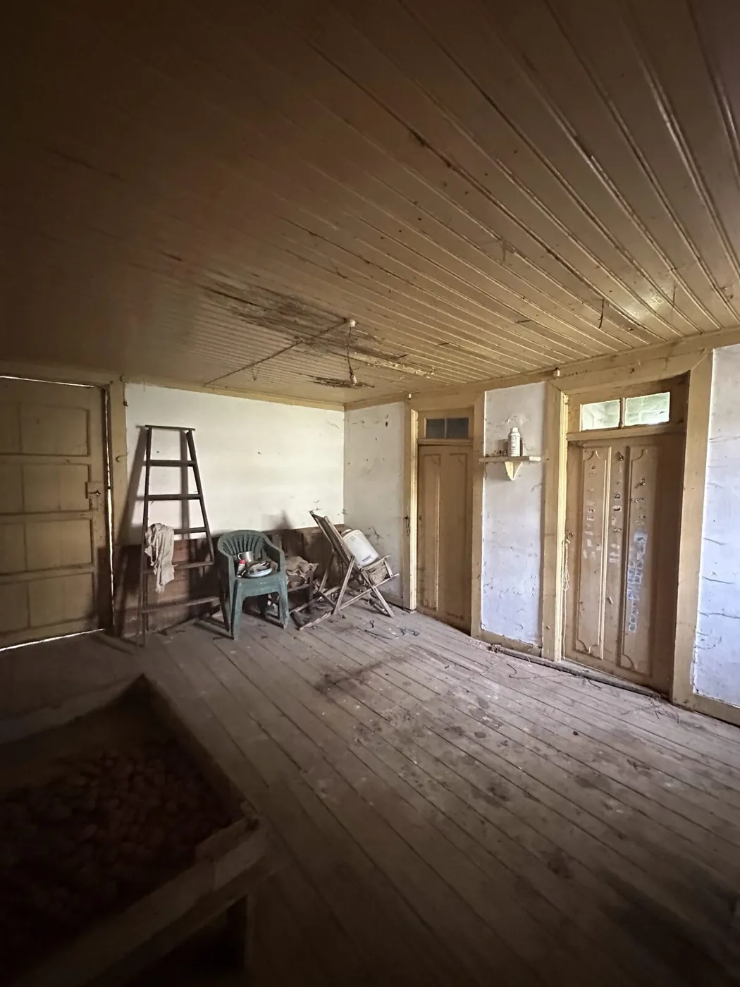 Woodworm damage in a boarded timber floor seen from below